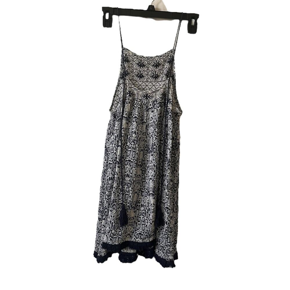 PPLA Boho Tassel Dress Size Small Navy White Tribal Print Mini - Picture 2 of 3